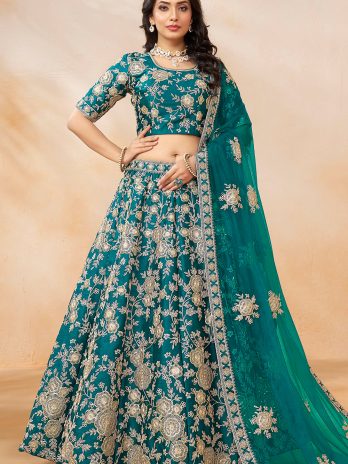 Art Silk Teal Blue Dori Embroidered Panelled Style Lehenga