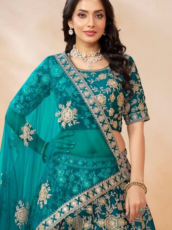 Art Silk Teal Blue Dori Embroidered Panelled Style Lehenga
