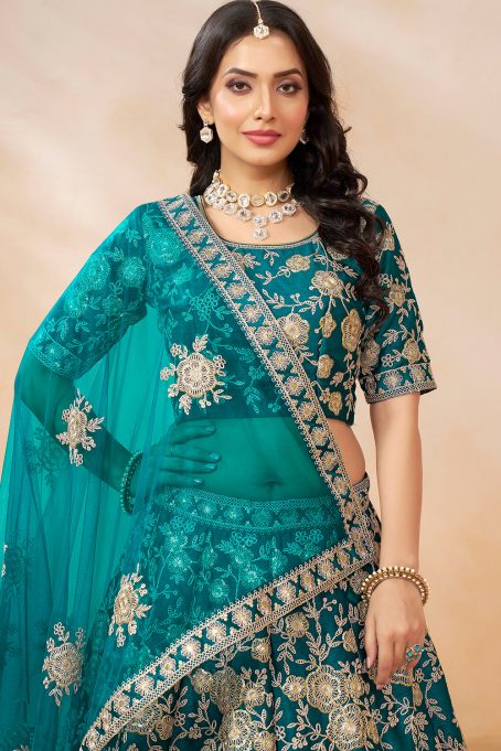 Art Silk Teal Blue Dori Embroidered Panelled Style Lehenga - Image 2