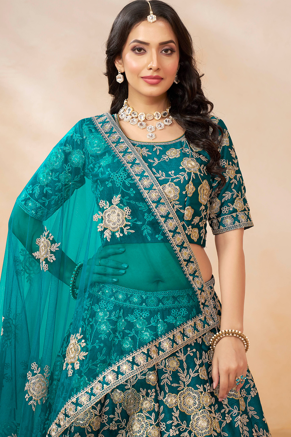 Art Silk Teal Blue Dori Embroidered Panelled Style Lehenga - Image 2