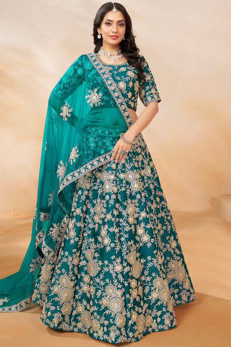 Art Silk Teal Blue Dori Embroidered Panelled Style Lehenga - Image 3