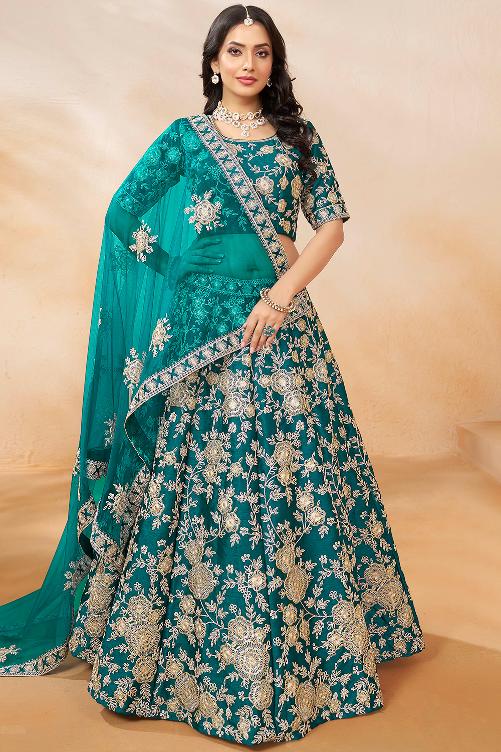 Art Silk Teal Blue Dori Embroidered Panelled Style Lehenga - Image 3