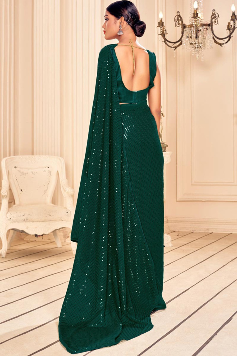 Bottle Green Georgette Saree With Sequins - Image 2