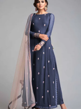 Dark Pastel Blue Crepe Trouser Suit With Resham Work for Diwali Party