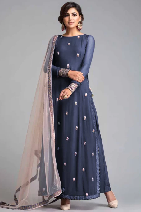Dark Pastel Blue Crepe Trouser Suit With Resham Work for Diwali Party