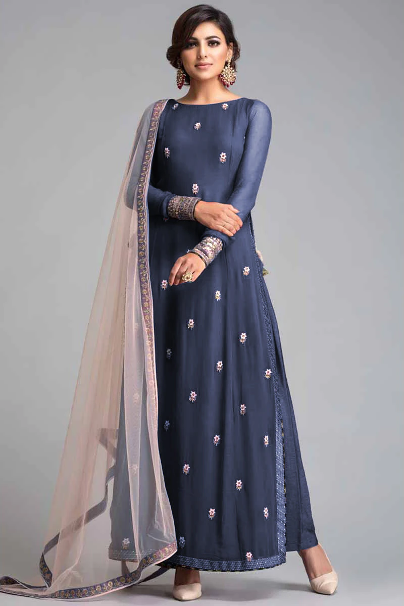 Dark Pastel Blue Crepe Trouser Suit With Resham Work for Diwali Party