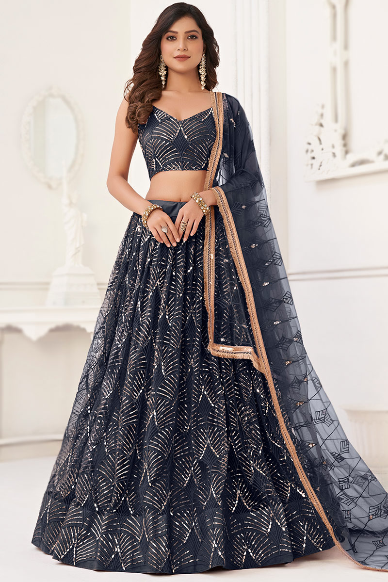 Black Embroidered Flared Style Net Lehenga