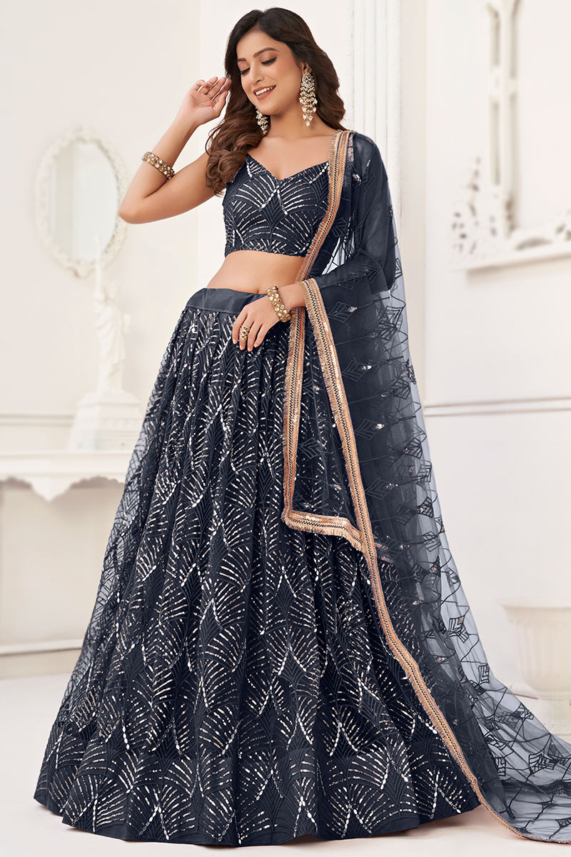 Black Embroidered Flared Style Net Lehenga - Image 4