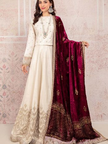 Dabka Work Embroidered Silk Ivory Lehenga