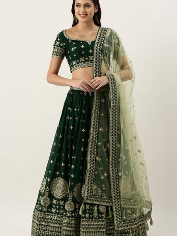 Dark Green Georgette Embroidered Lehenga for Diwali Party