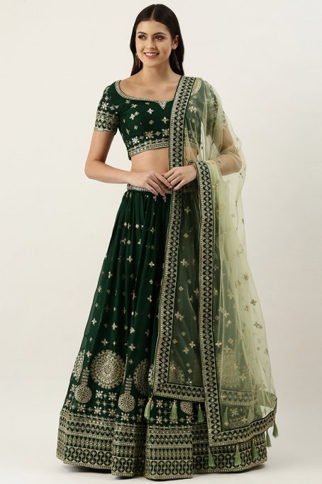 Dark Green Georgette Embroidered Lehenga for Diwali Party