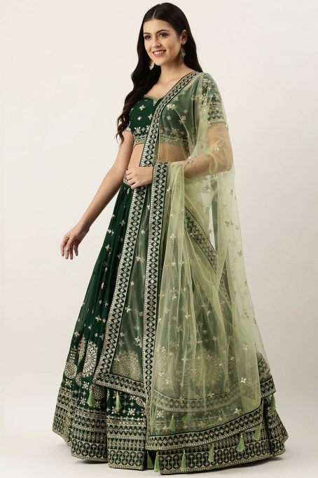 Dark Green Georgette Embroidered Lehenga for Diwali Party - Image 2