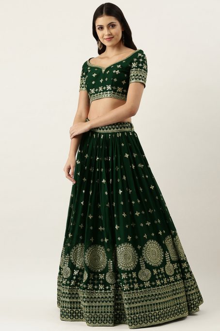 Dark Green Georgette Embroidered Lehenga for Diwali Party - Image 3
