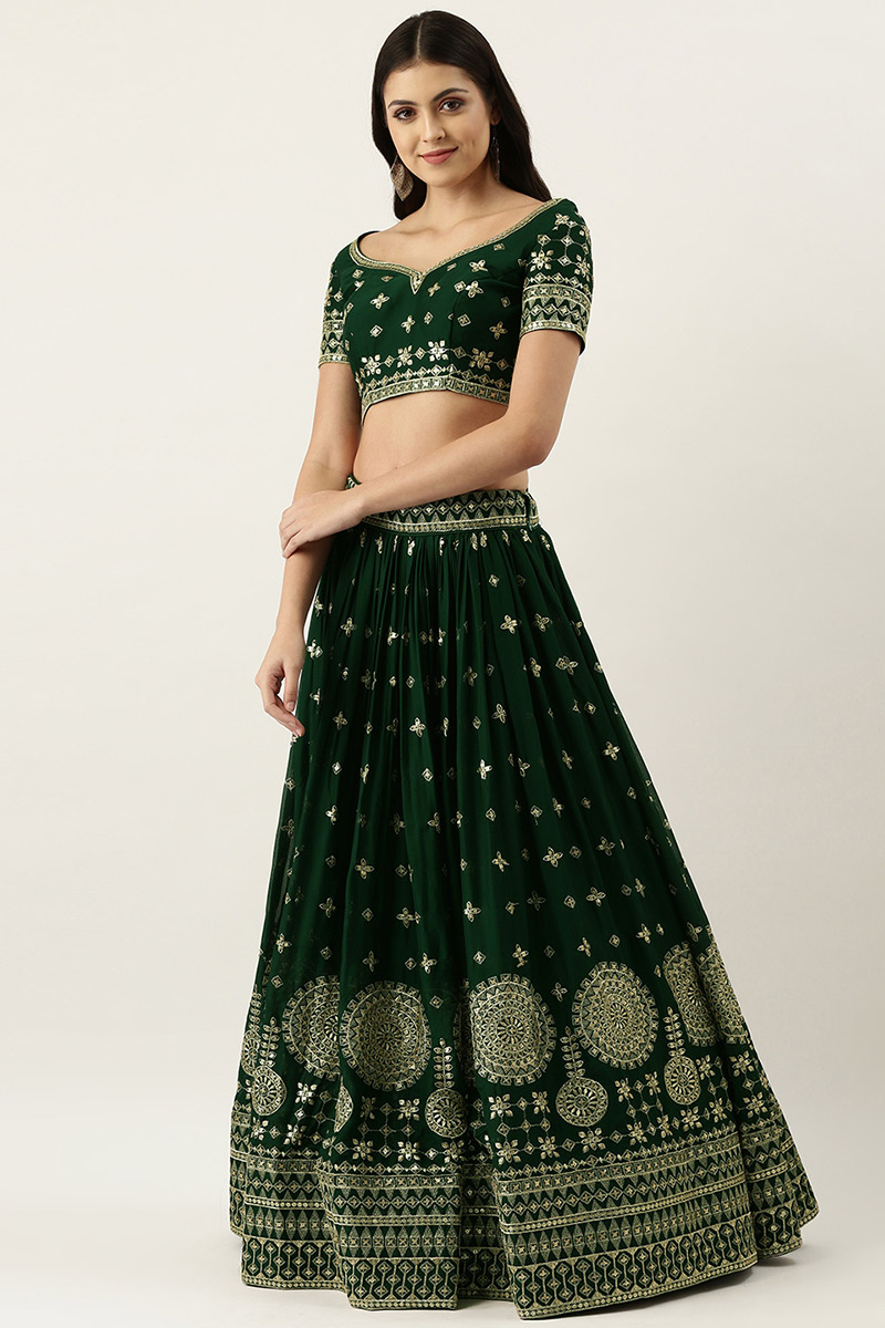 Dark Green Georgette Embroidered Lehenga for Diwali Party - Image 3