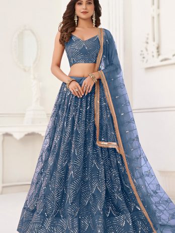 Dusty Blue Sequins Embroidered Flared Style Net Lehenga