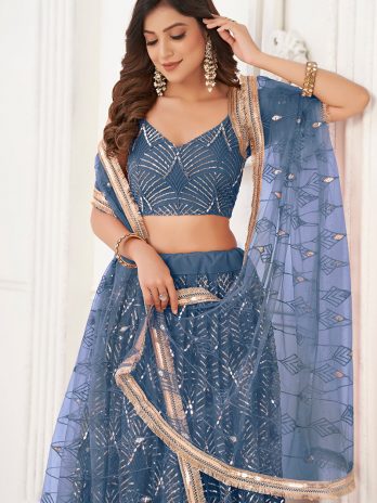 Dusty Blue Sequins Embroidered Flared Style Net Lehenga