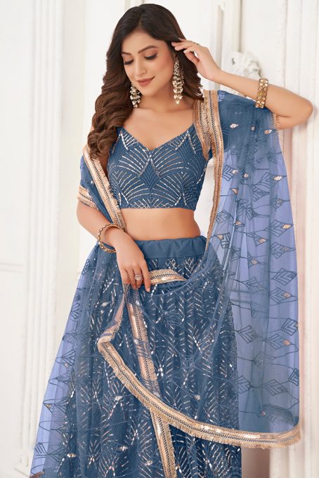 Dusty Blue Sequins Embroidered Flared Style Net Lehenga - Image 2