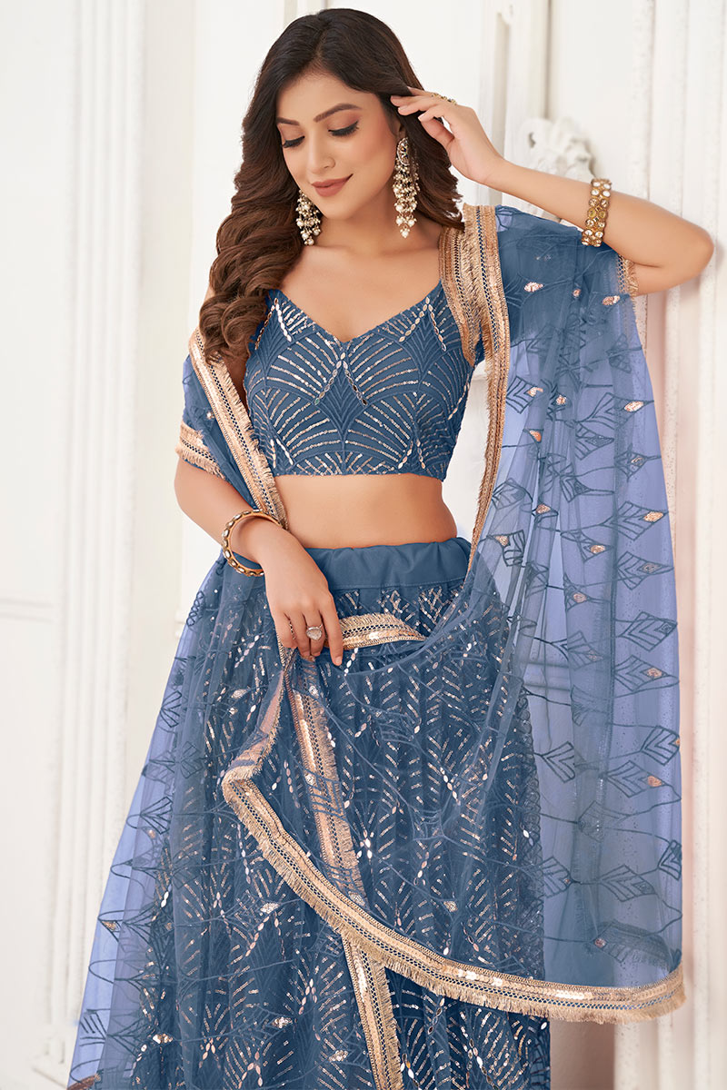 Dusty Blue Sequins Embroidered Flared Style Net Lehenga - Image 2