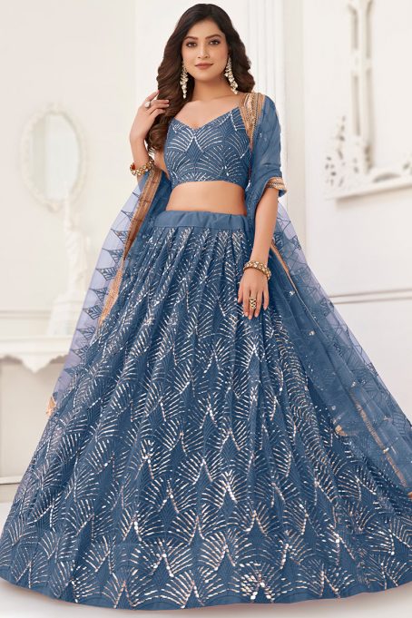 Dusty Blue Sequins Embroidered Flared Style Net Lehenga - Image 3