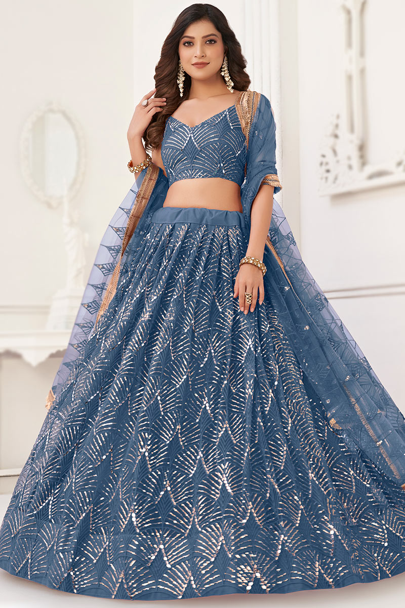 Dusty Blue Sequins Embroidered Flared Style Net Lehenga - Image 3