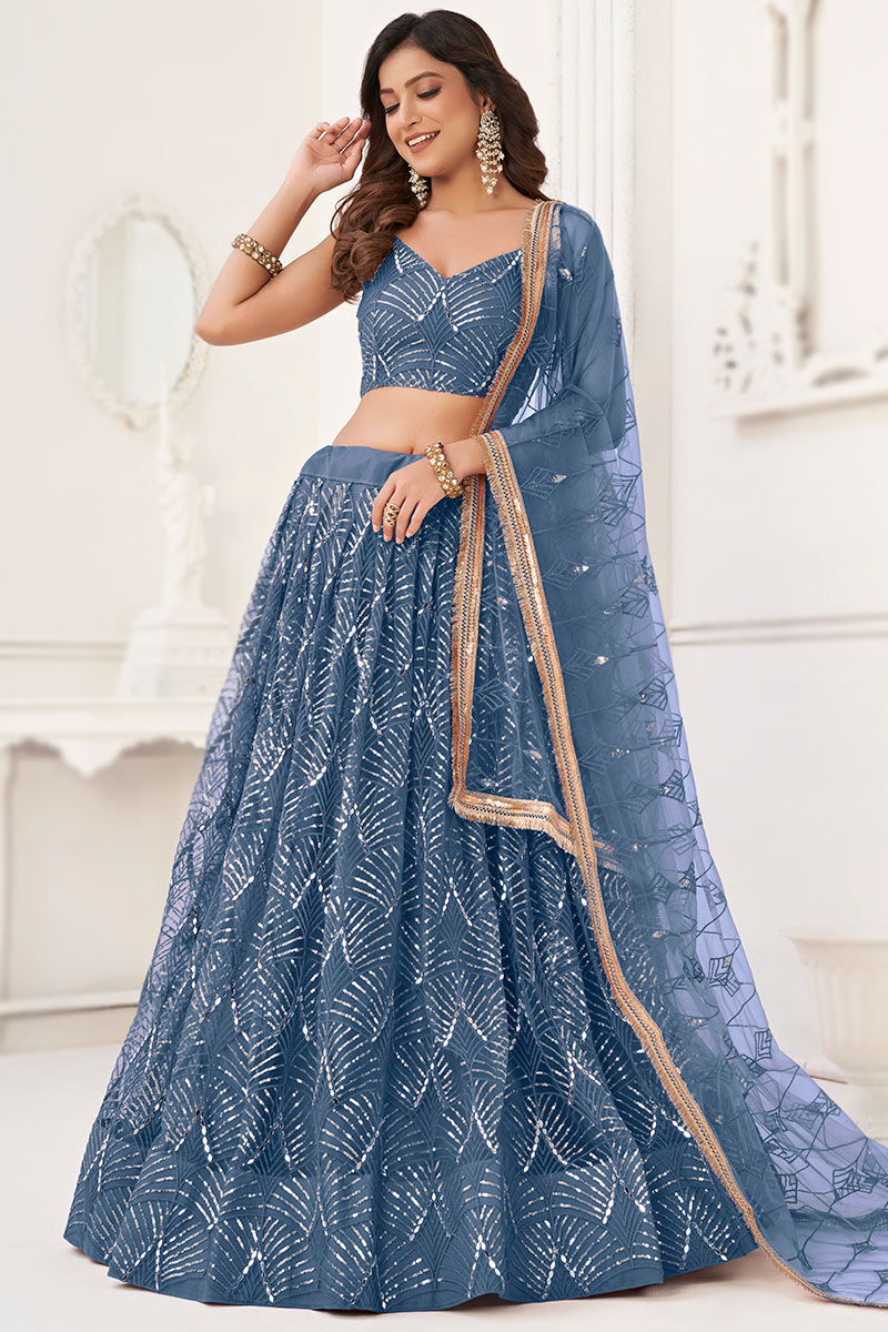 Dusty Blue Sequins Embroidered Flared Style Net Lehenga - Image 4