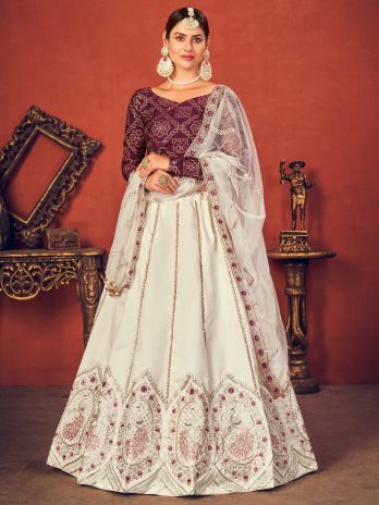 Dabka Work Embroidered Silk Ivory Lehenga