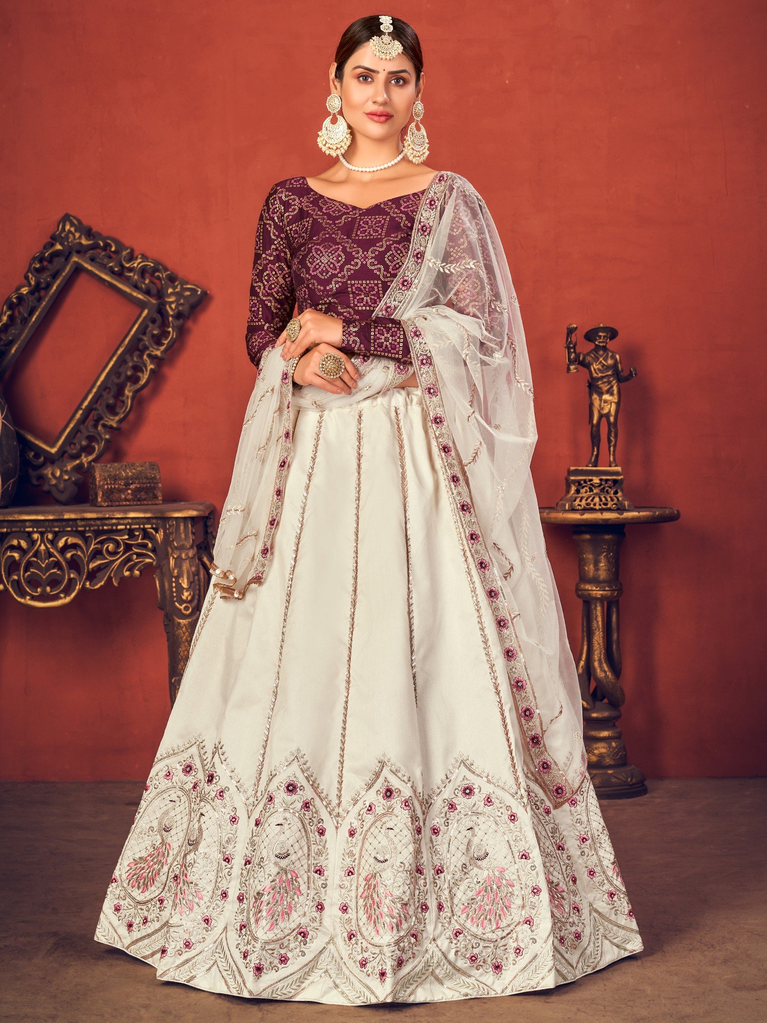 Dabka Work Embroidered Silk Ivory Lehenga - Image 2