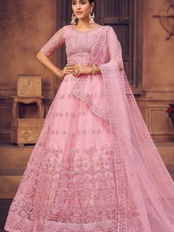 Light Pink Net Embroidered Lehenga for Diwali Party