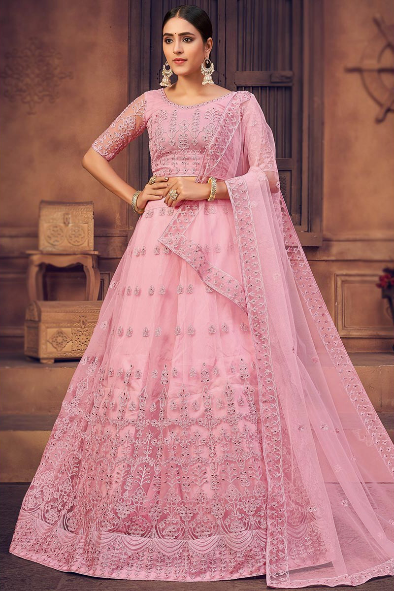 Light Pink Net Embroidered Lehenga for Diwali Party