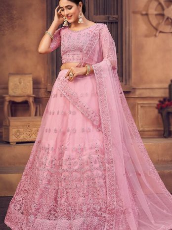 Light Pink Net Embroidered Lehenga for Diwali Party