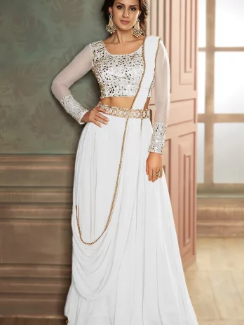 Plain Georgette White Wedding Wear Lehenga