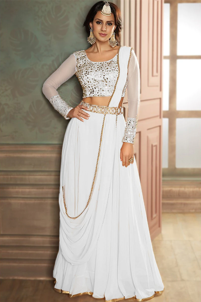 Plain Georgette White Wedding Wear Lehenga