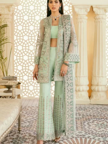 Embroidered Georgette Mint Green Jacket Style Suit for Diwali Funchion