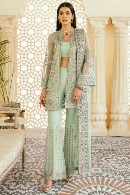 Embroidered Georgette Mint Green Jacket Style Suit for Diwali Funchion