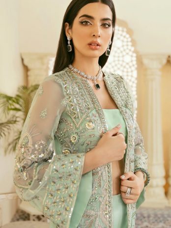 Embroidered Georgette Mint Green Jacket Style Suit for Diwali Funchion