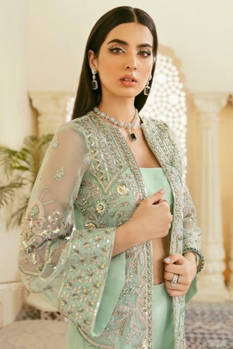Embroidered Georgette Mint Green Jacket Style Suit for Diwali Funchion - Image 2