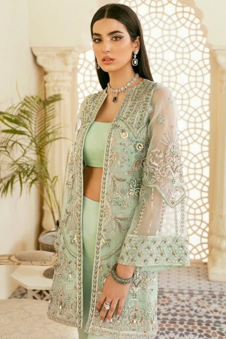Embroidered Georgette Mint Green Jacket Style Suit for Diwali Funchion - Image 3