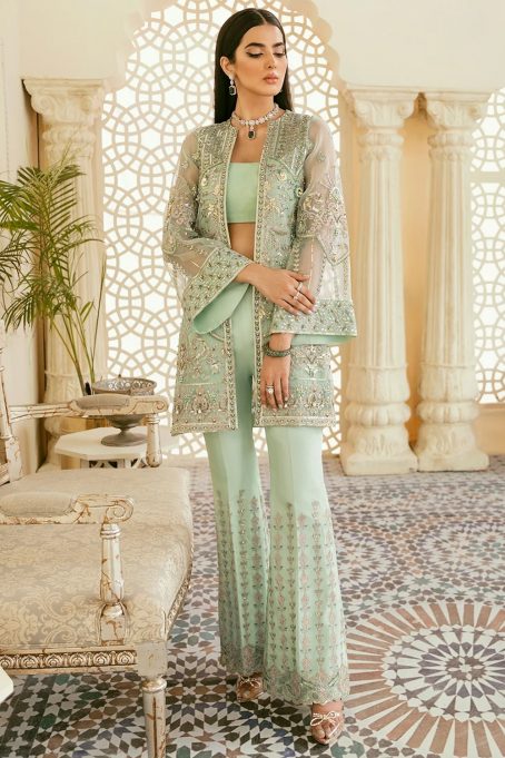 Embroidered Georgette Mint Green Jacket Style Suit for Diwali Funchion - Image 4