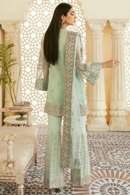 Embroidered Georgette Mint Green Jacket Style Suit for Diwali Funchion - Image 5