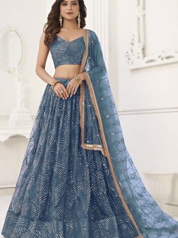 Mirror Embroidered Pastel Dark Blue Net Flared Style Lehenga