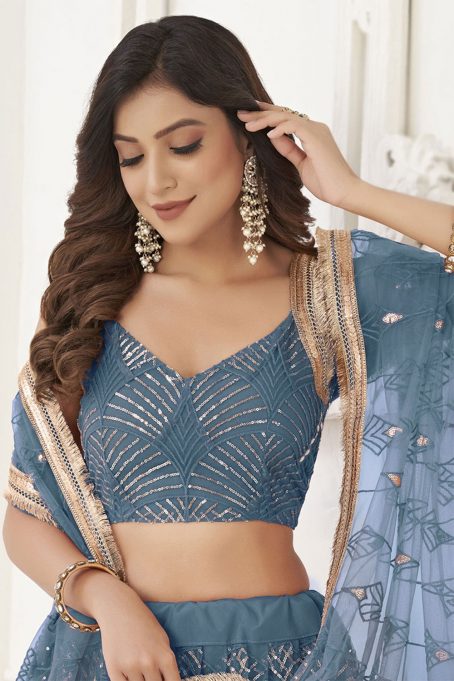 Mirror Embroidered Pastel Dark Blue Net Flared Style Lehenga - Image 2