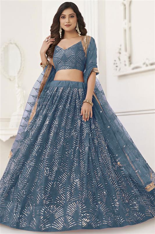 Mirror Embroidered Pastel Dark Blue Net Flared Style Lehenga - Image 3