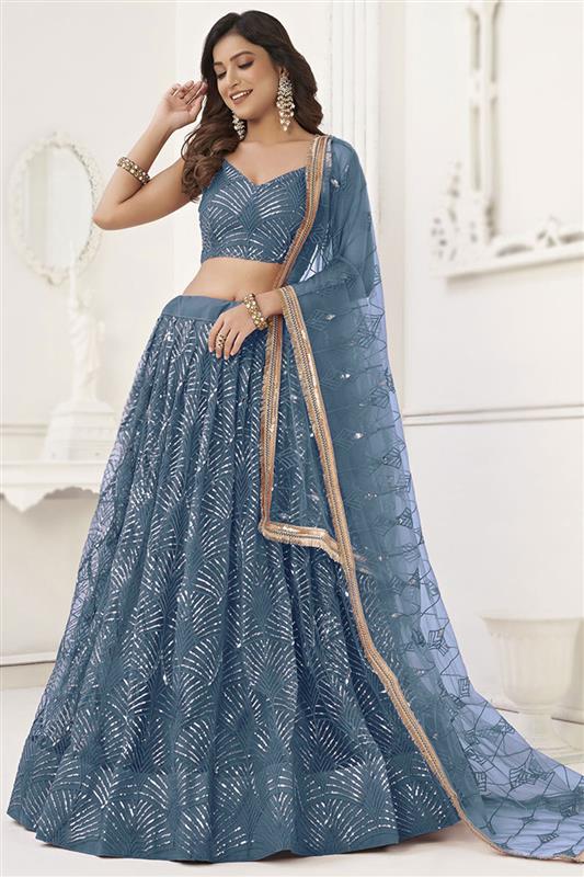 Mirror Embroidered Pastel Dark Blue Net Flared Style Lehenga - Image 4
