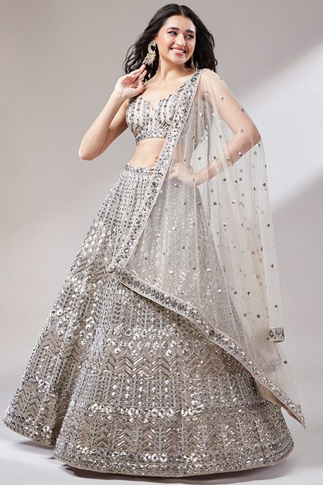 Net Dori Embroidered Cream Beige Panelled Style Lehenga