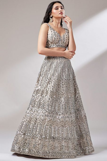 Net Dori Embroidered Cream Beige Panelled Style Lehenga - Image 2