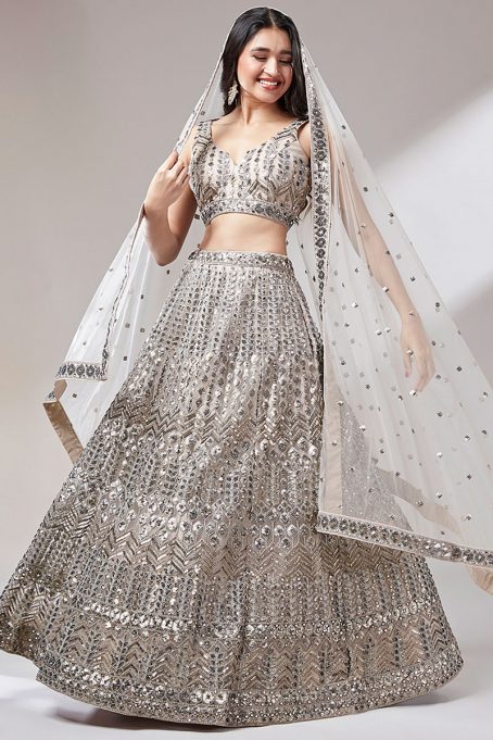 Net Dori Embroidered Cream Beige Panelled Style Lehenga - Image 3