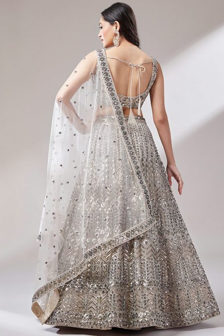 Net Dori Embroidered Cream Beige Panelled Style Lehenga - Image 4