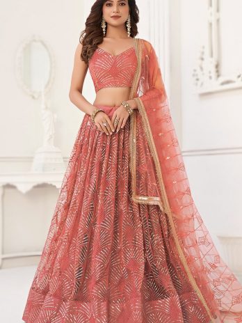 Punch Pink Sequins Embroidered Flared Style Net Lehenga