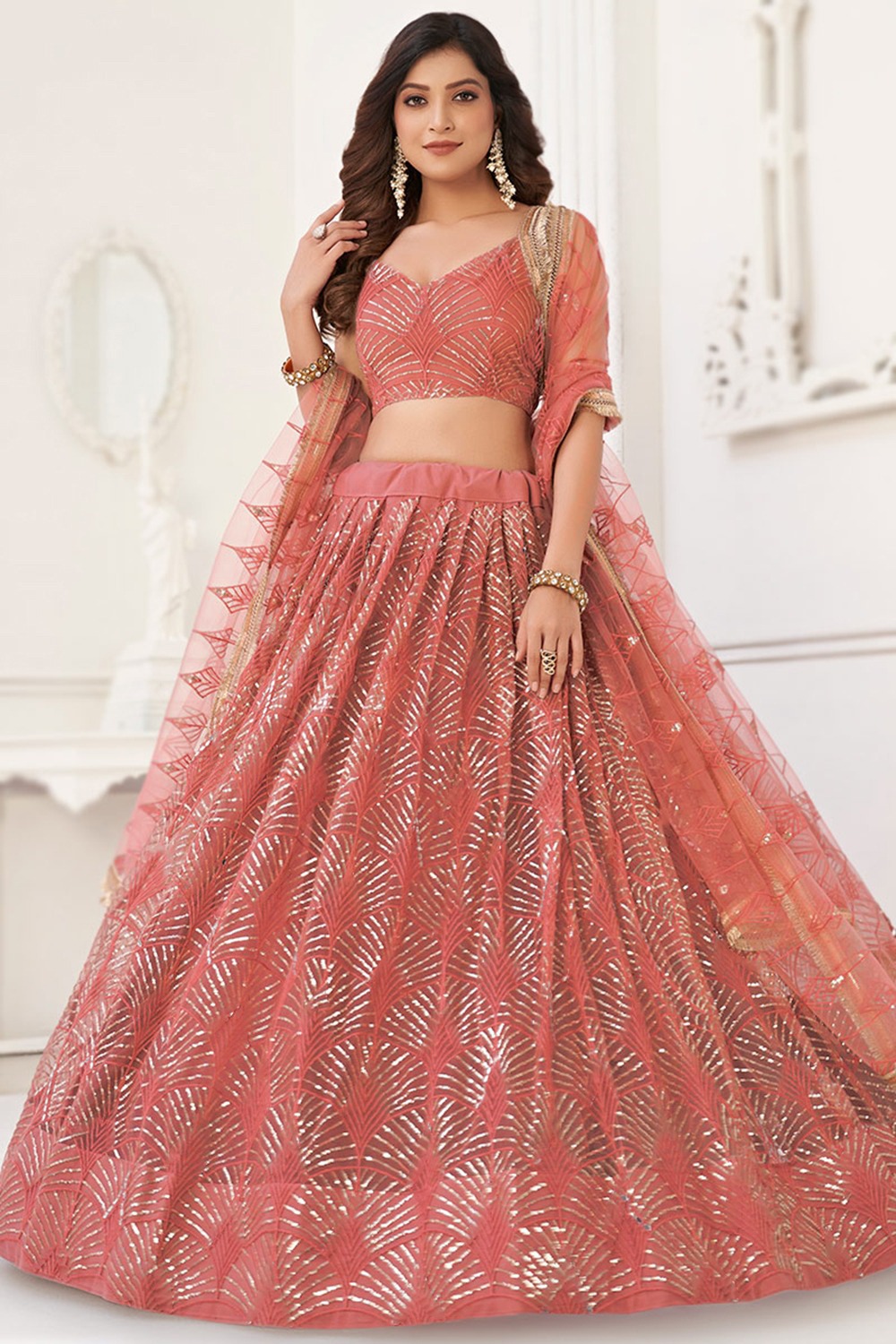 Punch Pink Sequins Embroidered Flared Style Net Lehenga - Image 3