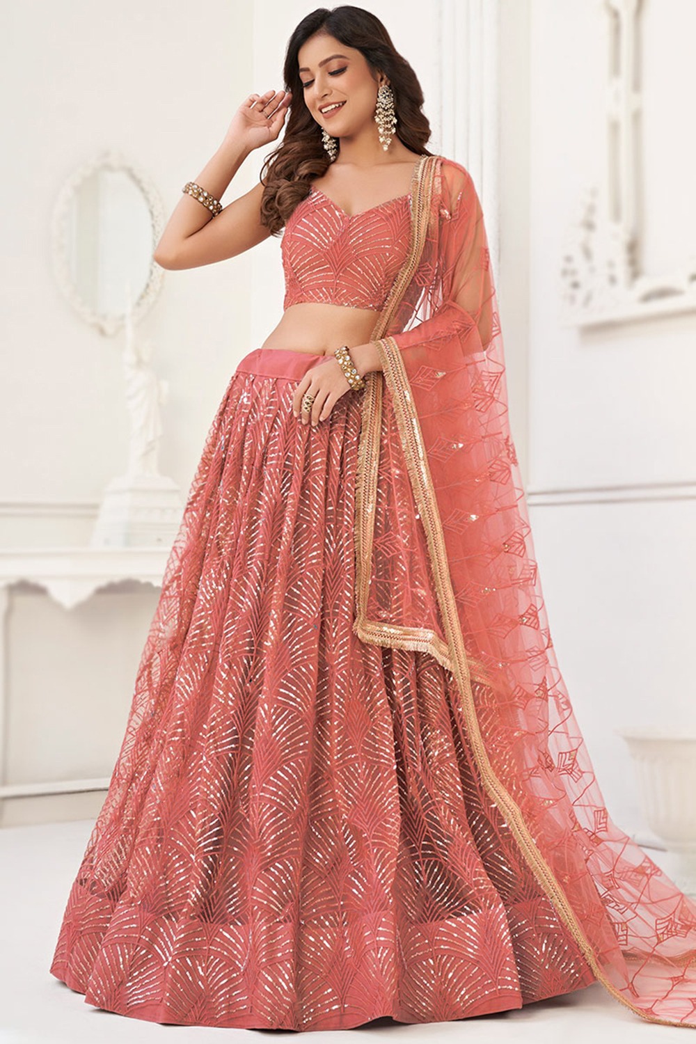 Punch Pink Sequins Embroidered Flared Style Net Lehenga - Image 4
